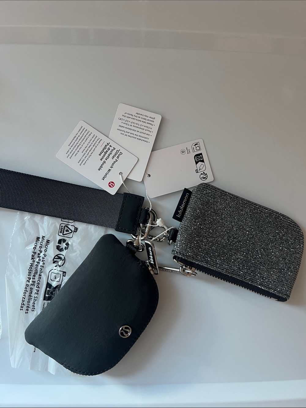 Lululemon Black Glitter Dual Pouch Wristlet Silver Grey NEW WITH TAGS